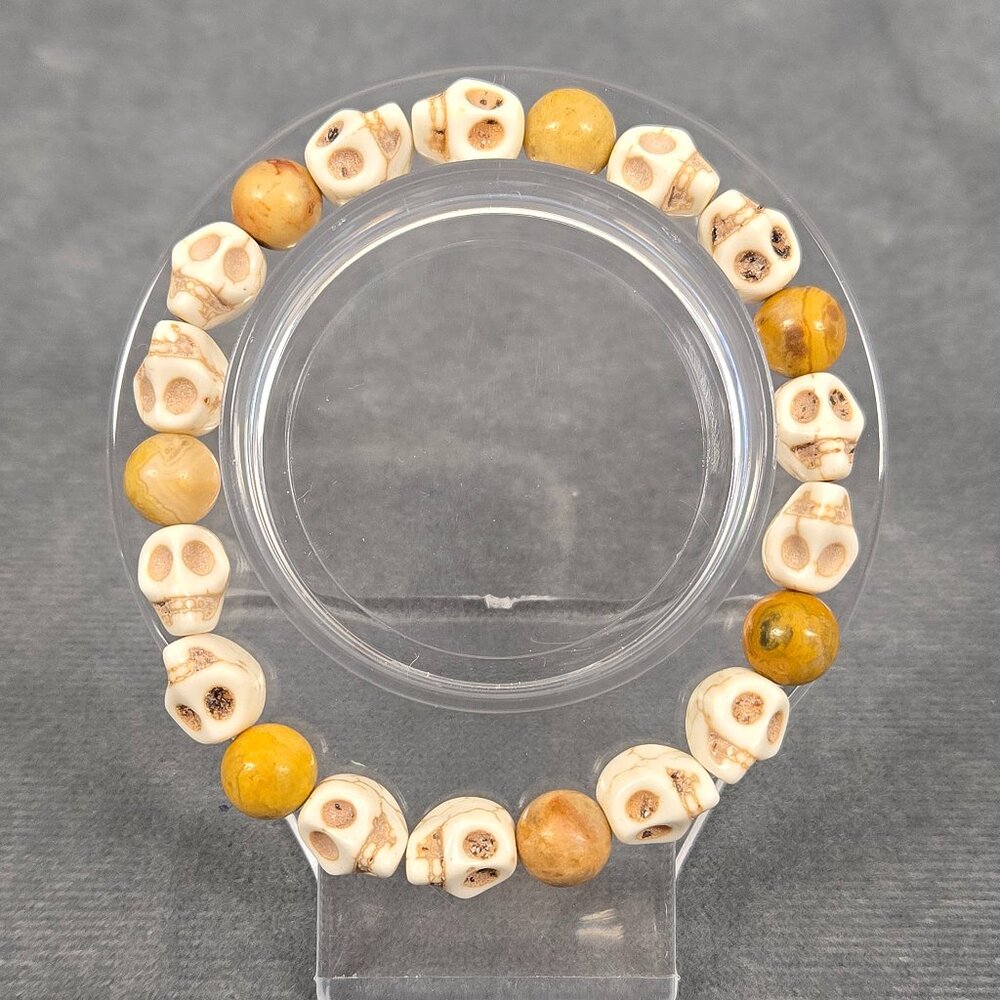 Gothic Halloween Skull Stretch Bracelet White Howlite Turquoise Crazy Lace Agate